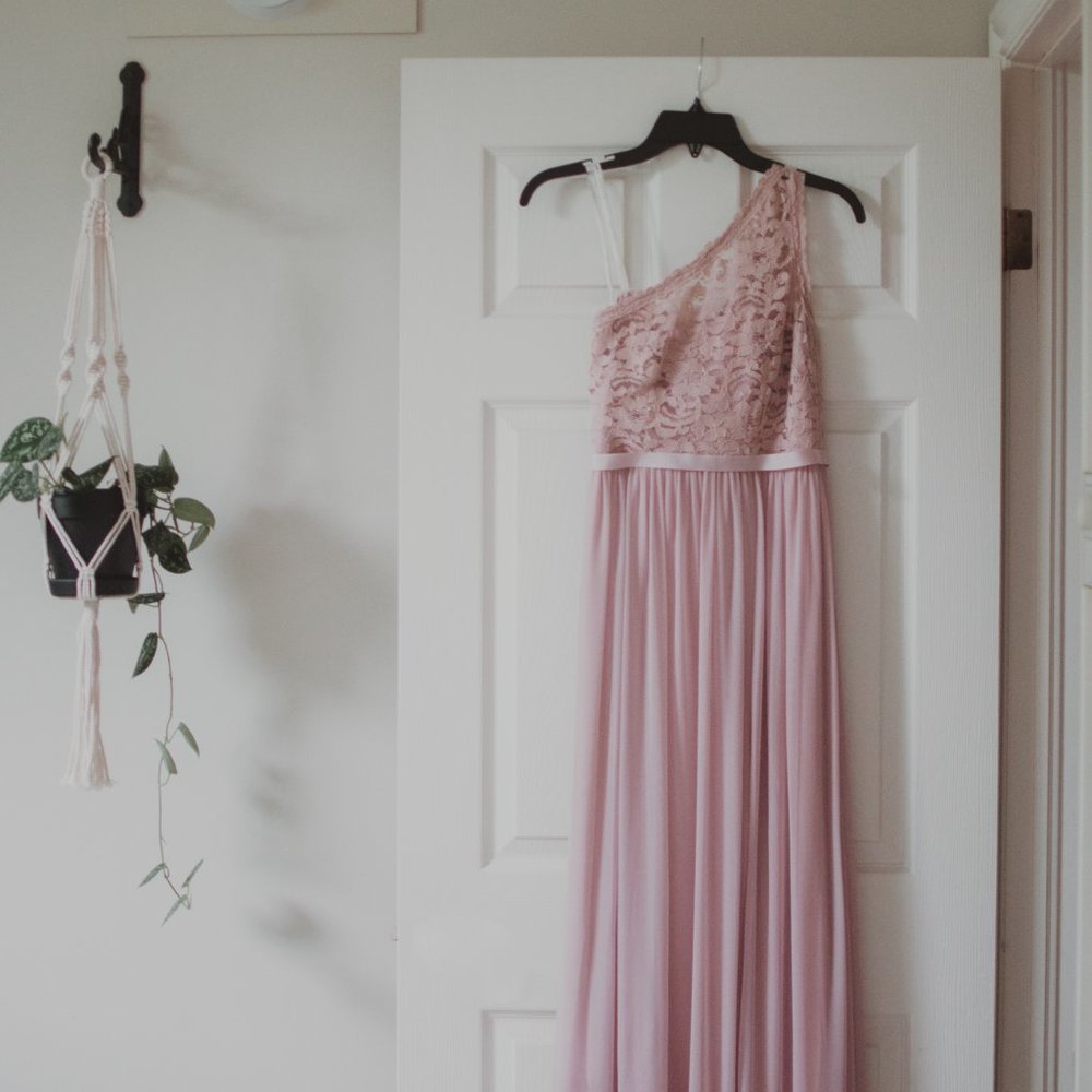 pink david's bridal lace floor length bridesmaid